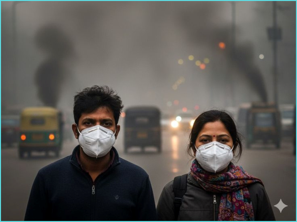 Two individuals wearing white masks stand in a smoggy urban environment, with blurred vehicles and smoke in the background.