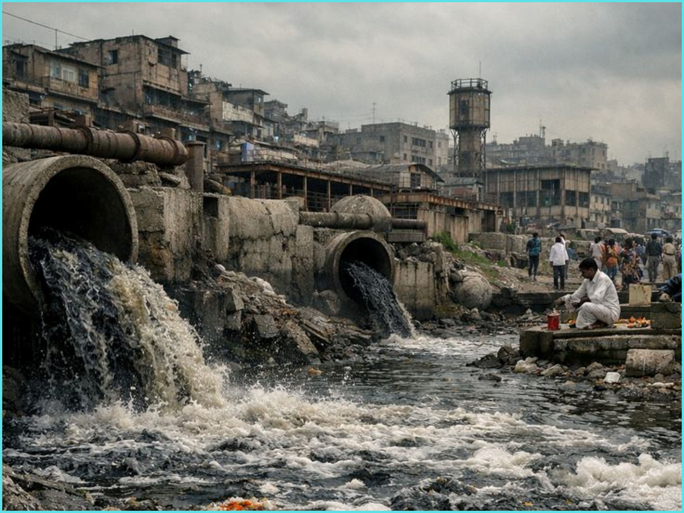 A polluted waterway in an urban slum, with sewage flowing from large pipes into the river. A man is seated nearby, engaged in an activity, while buildings and people are visible in the background under a cloudy sky.